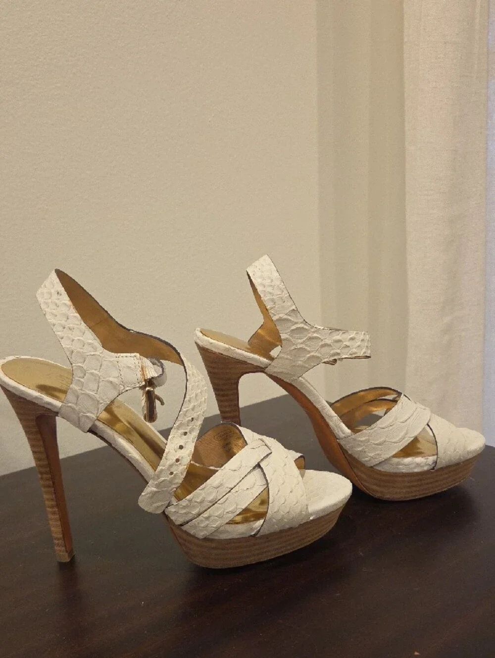 Coach Cream Textured Leather Cross-Strap Slingback Heels with Gold Insole